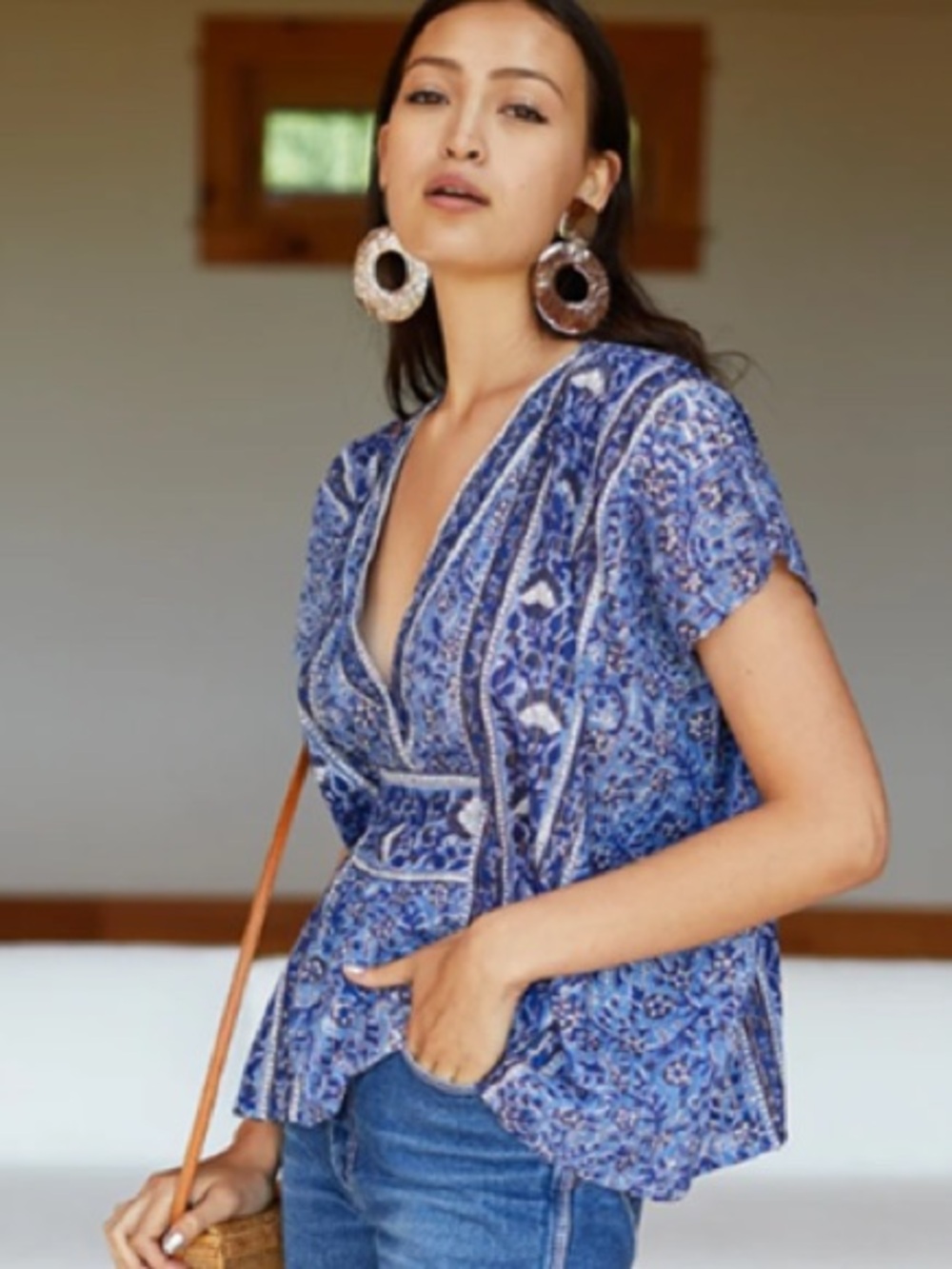 Emerson Fry Francina Top Blue Floral V-Neck Short Sleeve Blouse